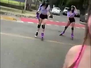 Naughty latinas flash then lick wet pussies in public threesome