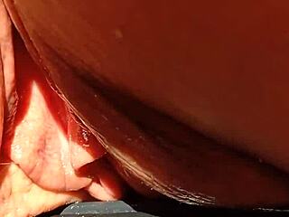 maturemom flashes her huge soaking wet meaty pussy lips in slow motion