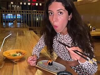 I cum on girls face at sushi bar