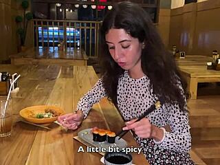 I cum on girls face at sushi bar