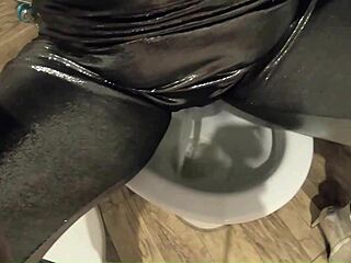 ripped nylon jumpsuit bathroom dance cum and pee mess