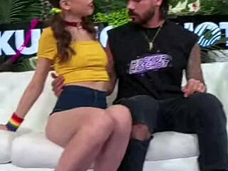 Skinny krystal palmer sucks a huge dildo while gets fucked