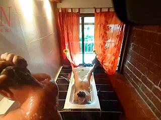 Peep voyeur housewife washes and shaves in shower and bath