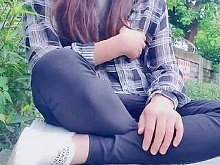crossdressing ladyboy goes out and pees outdoors at noon