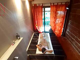Peep voyeur housewife washes and shaves in shower and bath