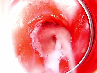 close up view of big cumshot inside redhead doll