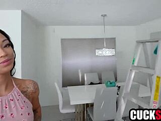 ebony wife fucking handyman in front of cuck husband