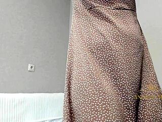 Amazing milf with gorgeous breasts with big areolas and juicy hairy pussy hides it all under a gorgeous evening dress angela-milf