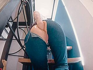 sexy girl in tight jeans fucks her huge ass with toy