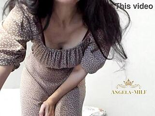 Amazing milf with gorgeous breasts with big areolas and juicy hairy pussy hides it all under a gorgeous evening dress angela-milf