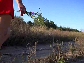Girl in short dress walks outdoor and flashing butt