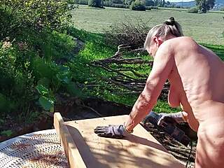 granny works naked in her garden showing everything off