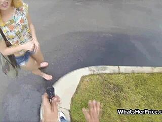 Golden haired teen 18+ bends over for money outdoors