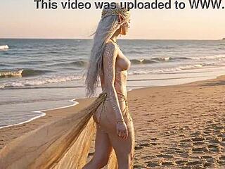 topless elf queen walks sunset shore