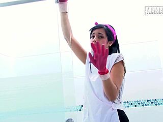 hot cleaning lady in rubber gloves teases you in the shower