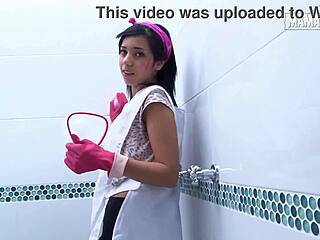 hot cleaning lady in rubber gloves teases you in the shower