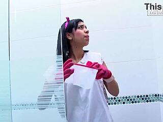 hot cleaning lady in rubber gloves teases you in the shower